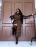 Long, chocolate brown vest with tie belt